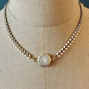 Abalone pendant necklace with white beaded chain